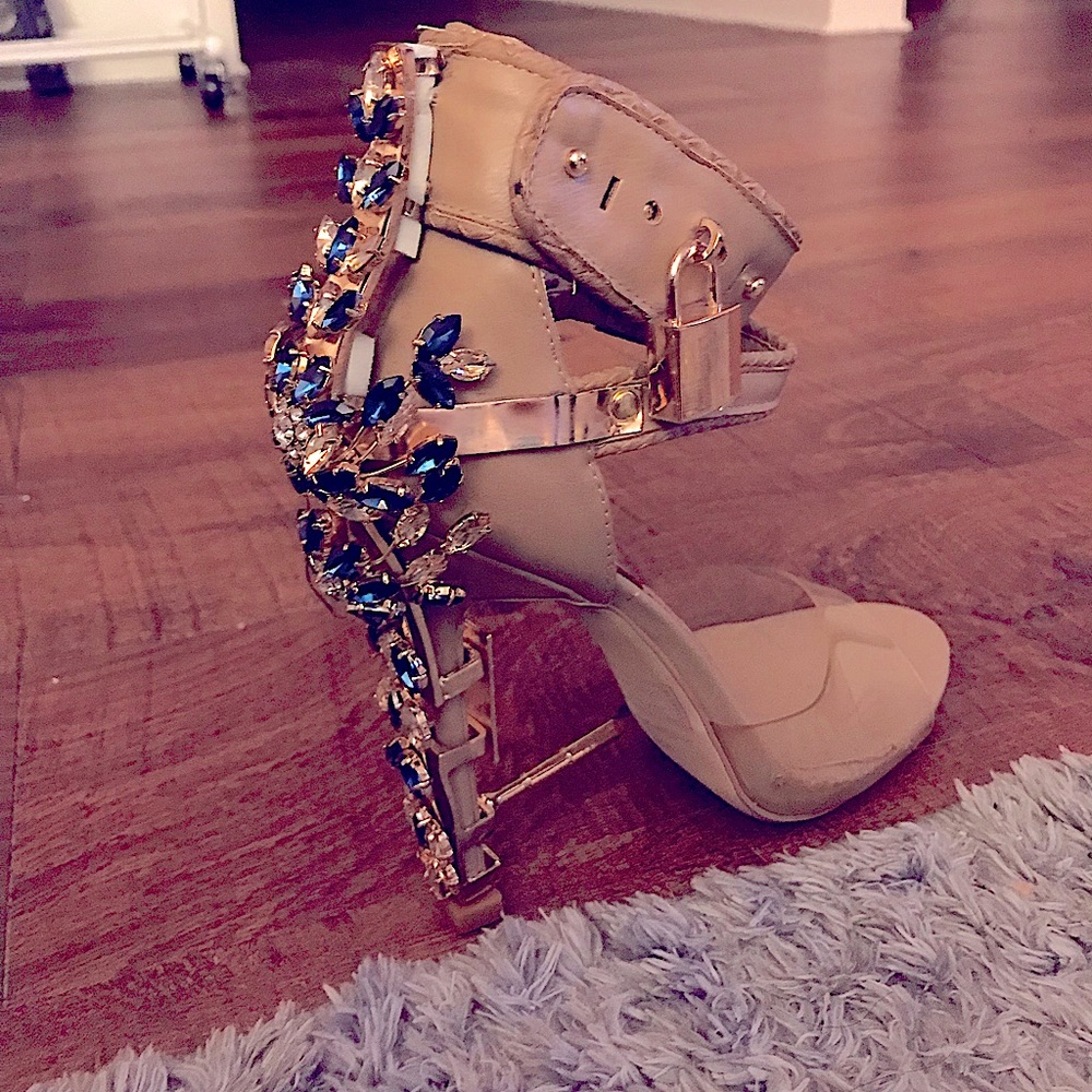 Blue Crystal Stoned Heels with lock embellish on strap